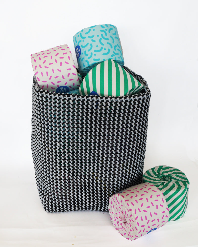 Fair trade storage basket hand woven from recycled plastic