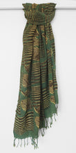 Load image into Gallery viewer, Hand woven fair trade cotton scarf  block printed with peacock feathers