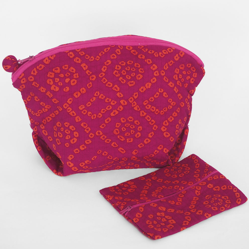 Quilted cosmetic or jewellery purse set - magenta/orange