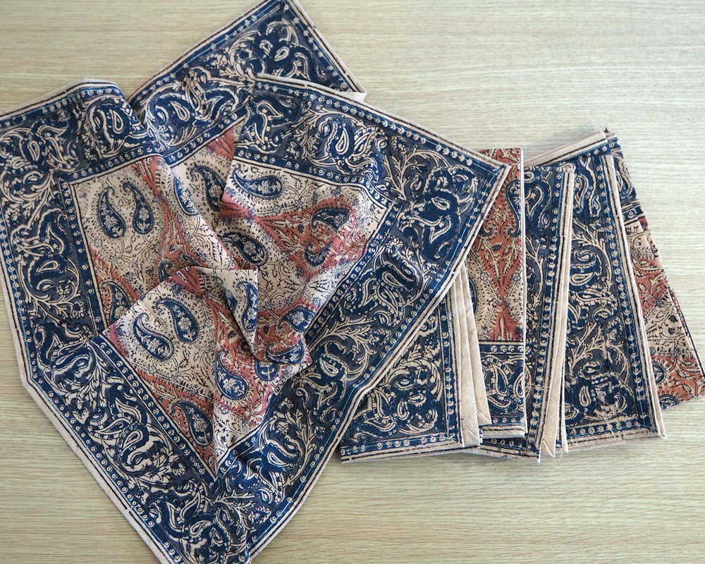A set of six hand printed table napkins with natural dyes