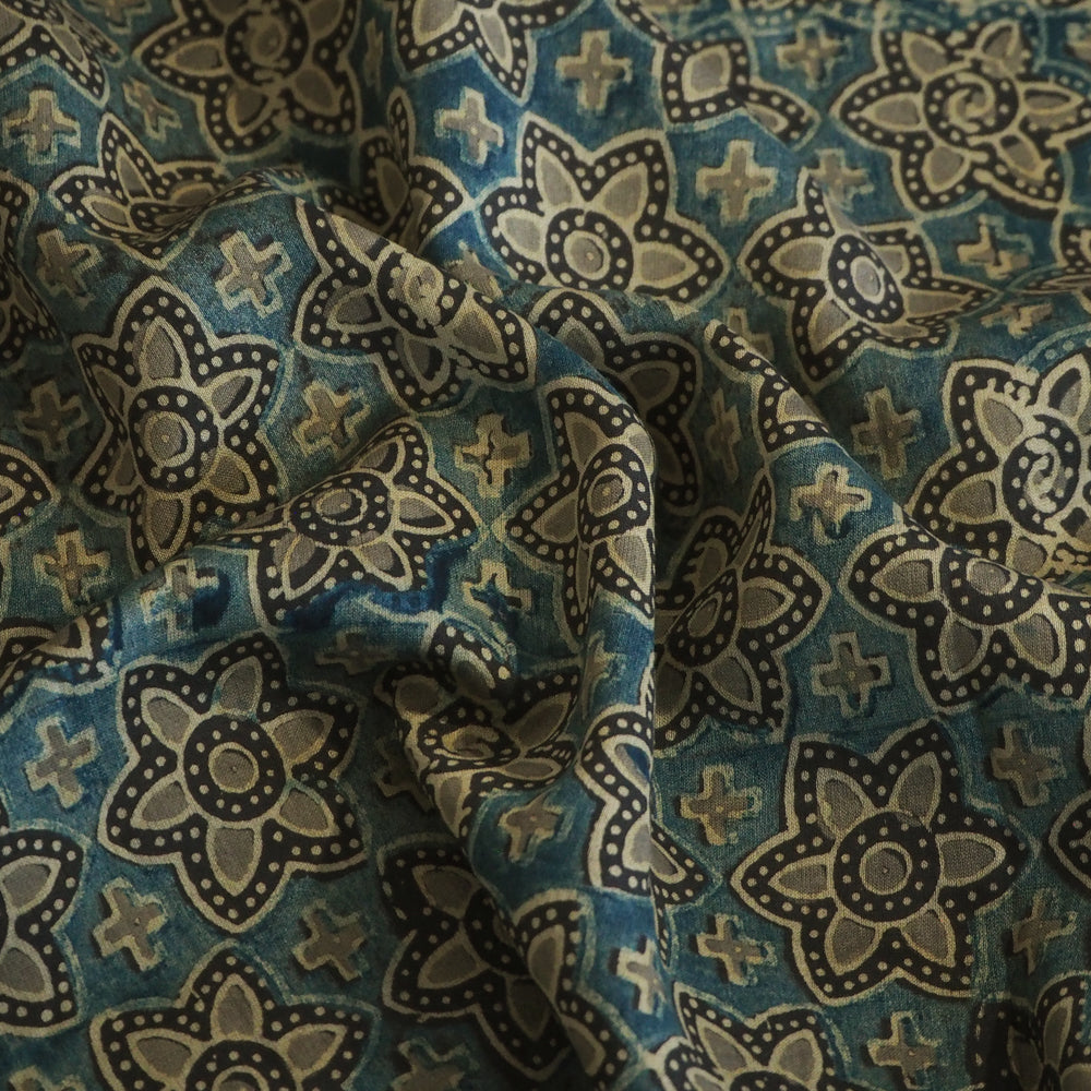 Hand printed Ajrakh Chanderi silk with natural dyes.