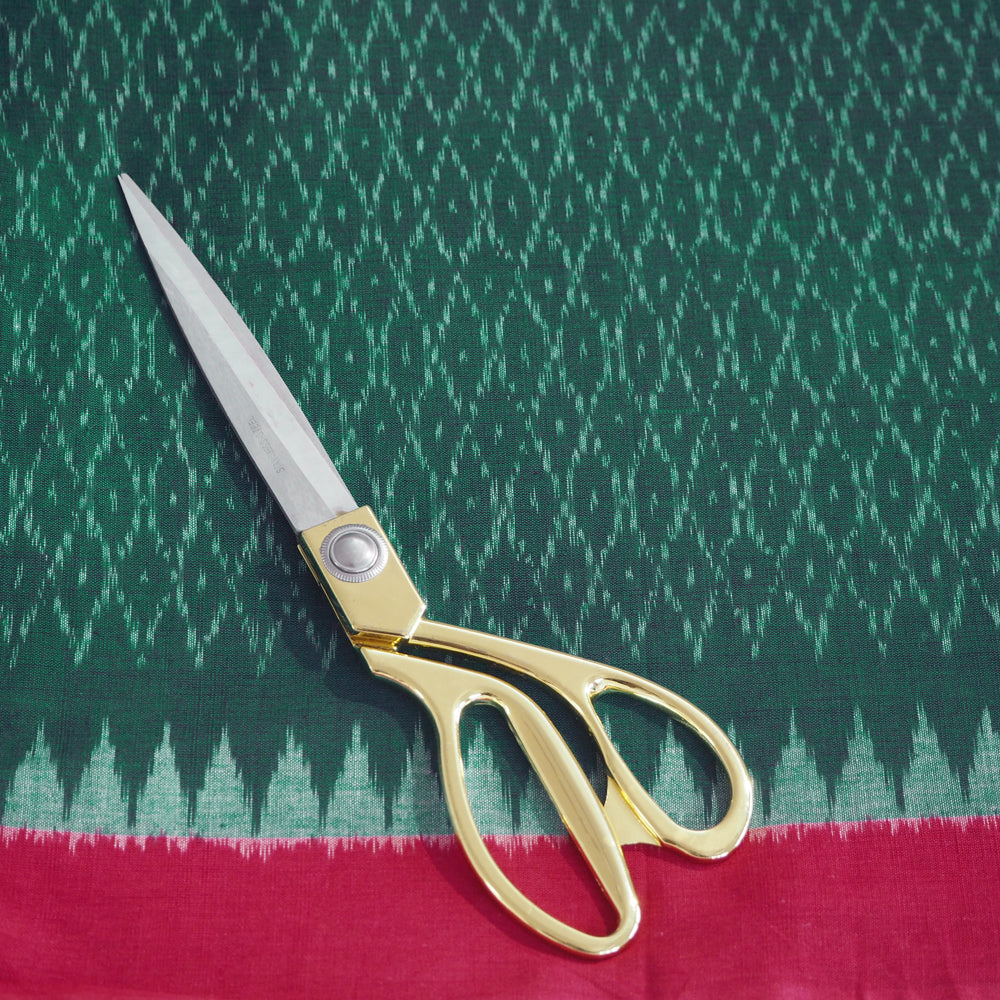 Hand woven Pochampally green/red Ikat cotton fabric