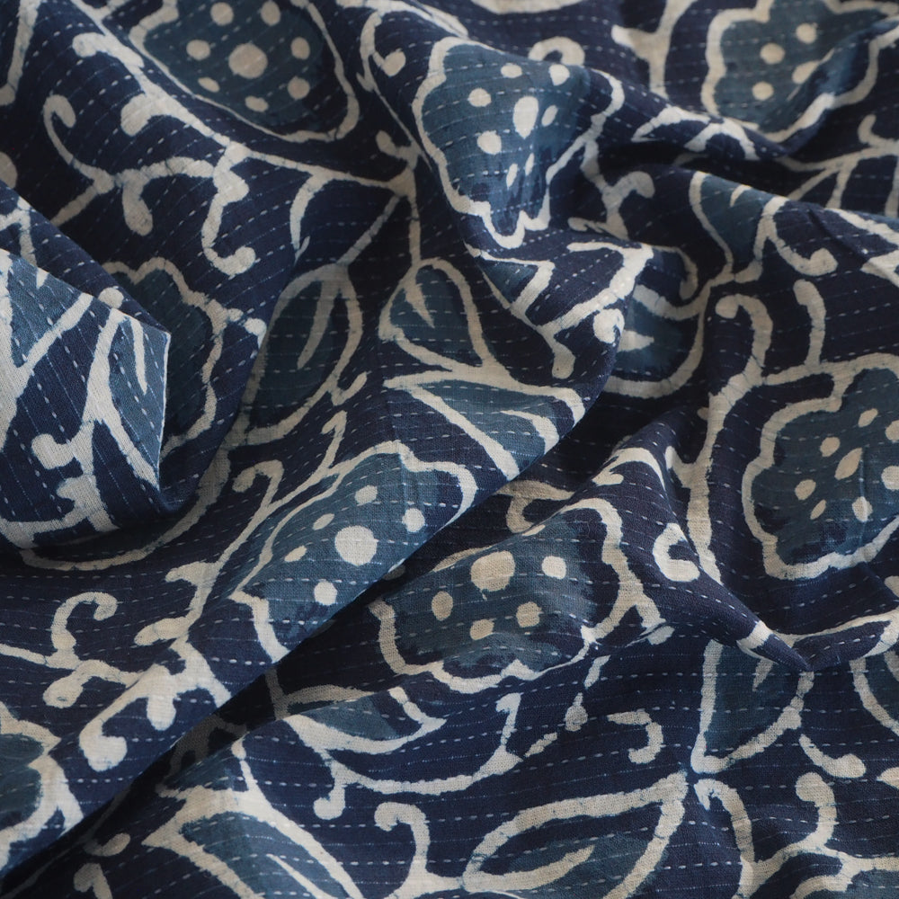 Indigo hand block printed Kantha stitched cotton fabric