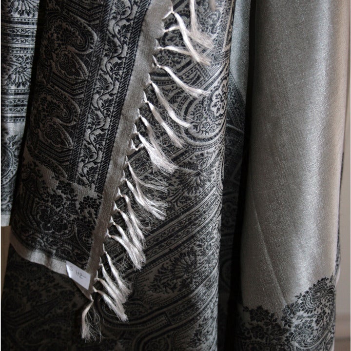 Fair trade hand woven jacquard silk and wool shawl