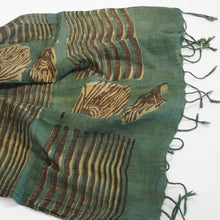 Load image into Gallery viewer, Hand woven fair trade cotton scarf  block printed with peacock feathers
